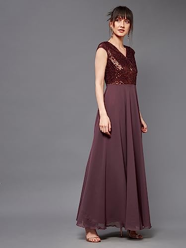 Image of Miss Chase Women's Round Neck Sleeve Embellished Fit Flare Maxi Dress