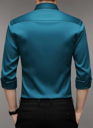 Image of IndoPrimo Men's Regular Fit Satin Designer Shirt with Stylish Vertical Line Sequence | Long Sleeve Formal & Casual Button Down Shirt for Casual and Party Look