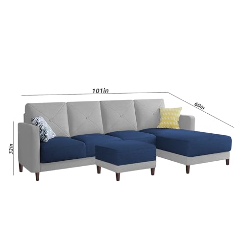 Image of Baloney RHS 6 Seater L Shape Sofa Set with Center Table for Living Room (Blue Grey Fabric) Premium Fabric Sofa