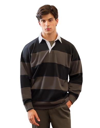 BRIAN OAK LONDON Mens Black Striped Rugby Polo Shirt Relaxed Fit Long Sleeve Top Premium Cotton Blend Athletic Casual Shirt (UK Alpha L Regular Regular Black)