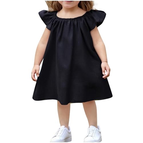 Lmdudan Girls Toddler Summer Dresses Kids Crewneck Cute Ruffle Sleeve Sundress Casual Comfort Cotton Linen Loose Dress 1-8Y