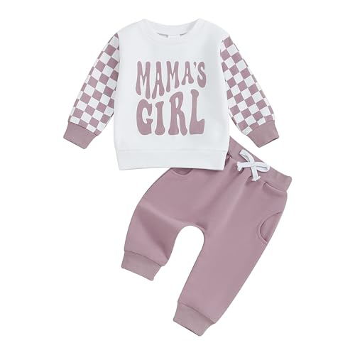 Toddler Baby Girl Fall Winter Outfit Mamas Girl Long Sleeve Checkerboard Sweatshirt Jogger Pant Infant Clothes Set