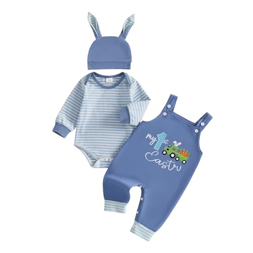 BeQeuewll My First Easter Baby Boy Outfit Infant Stripe Romper Bunny Letter Embroidery Overalls Pants Set Newborn Outfits (Bunny Truck 6-9 Months)