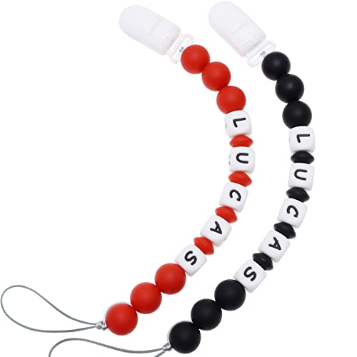 Personalized Pacifier Clip with Name, Customizable Pacifier Clip (2 Pack) (Red+Black)