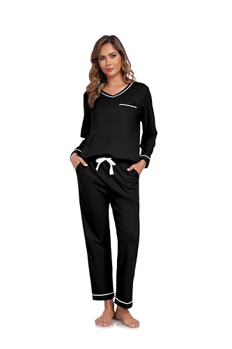 Image of COLORFULLEAF 100% Cotton Pajama Set for Women Long Sleeve Sleepwear with Pants Soft Comfy Two-Piece Pjs with Pockets