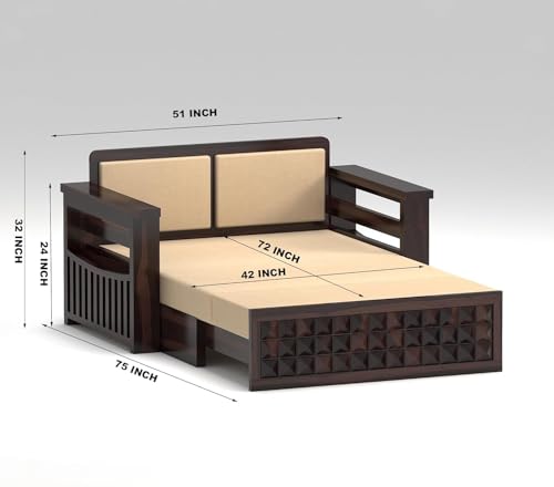 Image of Wooden Sofa Cum Bed | Sheesham Wood Sofa Bed for Living Room | Handmade Heavy Duty Foldable Sofa Cum Bed with Mattress Option | Traditional Modern Design (Allis Walnut)