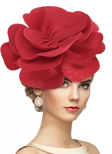 ETOFETE Flower Fascinators for Women - Red Fascinator Hat Large Floral Wedding Headband Cocktail Royal Ascot Hat for Ladies
