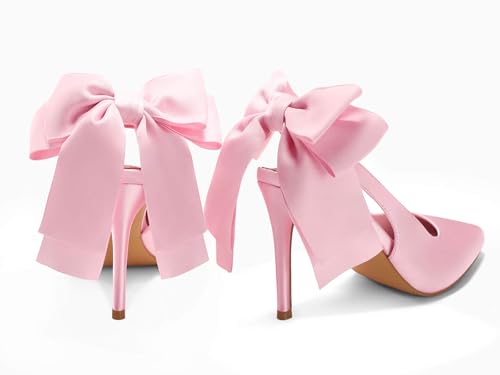 Image of Coutgo Womens Slingback High Heels with Bow Closed Pointed Toe Wedding Bride Dress Shoes Satin Pumps
