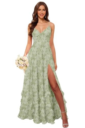 vintys Womens Spaghetti Straps Corset Chiffon Bridesmaid Dresses Long Ruffle V Neck Maxi Formal Evening Dress Floral Sage for Teens 4
