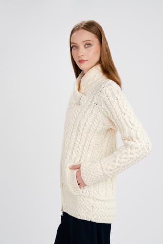 Image of SAOL Irish Cardigan for Women Made of 100% Merino Wool Ireland Sweater Cable Knit Zip Jacket