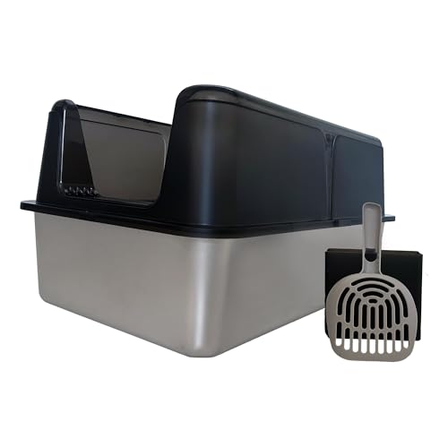 BrandsMart XL Stainless Steel Cat Litter Box with High Walls 60cmx40cmx31.5 cm | Litter Tray | Cat Toilet Non-Stick & Anti-Bacterial Pan Easy Cleaning with Scoop & Holder (Silver & Smokey Black)