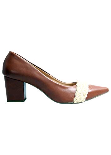 Scarpin Com Trança Em Corda Linhaça Salto Grosso Cor:Marrom;Tamanho:36;Gênero:Feminino