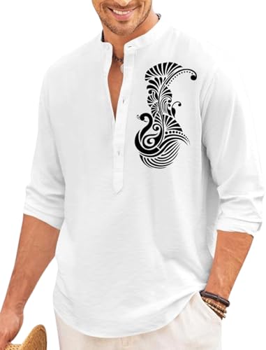 Image of FINIVO FASHION Men's Printed Cotton Blend Short Kurta with Artistic Chest Design | Stylish Full Sleeve Casual Kurta with Mandarin Collar for Daily, Travel Soft Textured