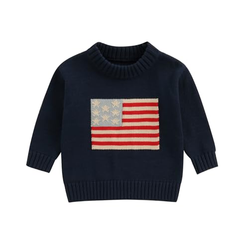 Toddler Baby Boy Girl 4th of July Outfit Long Sleeve Crewneck American Flag Sweater Memorial Day Patriotic Pullover Knit Tops (Blue, 6-9 Months)