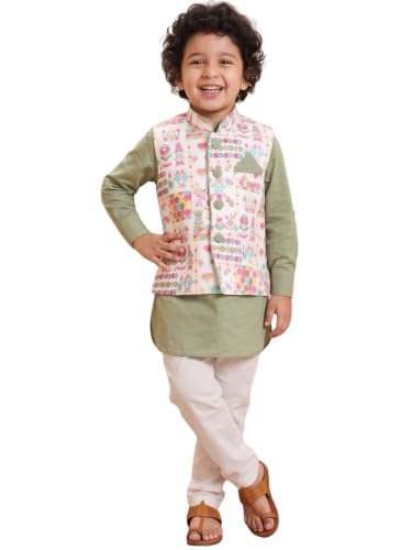 Image of AJ DEZINES Kids Cotton Full Sleeve Printed Kurta Pajama & Waistcoat Set for Boys - Ethnic wear | Special Occasion & Party Outfit | Mandarin Collar Waistcoat for boys - Regular Fit
