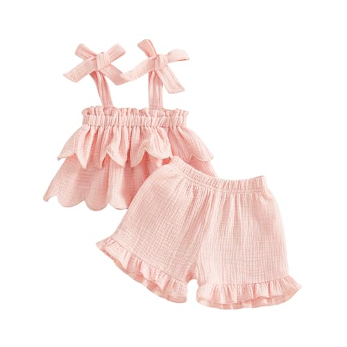 Image of BeQeuewll Toddler Baby Girl Clothes Summer Linen Outfit Sleeveless Tie Up Tank Tops+Ruffled Shorts Little Girls 2 Pieces
