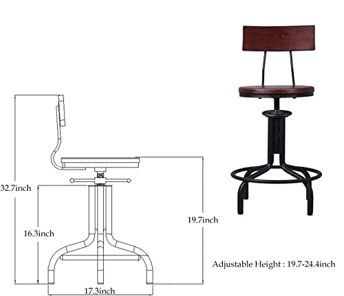 Topower American Industrial Antique Design Adjustable Height Kitchen Dining Breakfast Chair Metal Bar Stool With Backrest Fully Welded Set Of 2 (Dark Brown Wood) #TOP1