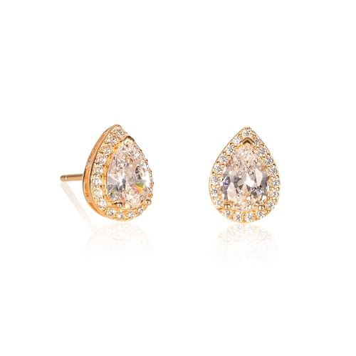 Diamond Treats Gold Plated 925 Sterling Silver Pear Shaped Stud Earrings for Women with Cubic Zirconia Stones, Teardrop Stud Earrings in Gold with White Stones, Elegant Gold Earrings for Women