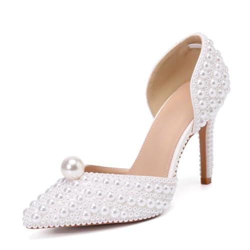 Goolita Women's Closed Pointed Toe Full Pearl Heels D'Orsay Pumps Stiletto High Heels Slip On Evening Bridal Shoes for Wedding