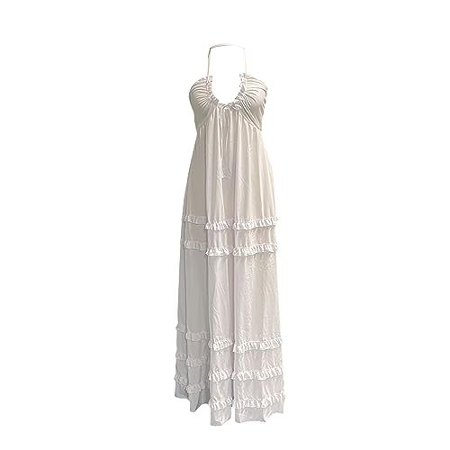 Image of Owl's-Yard Women Ruffle Spaghetti Strap Dress Sexy Backless Tiered Flowy Sundresses Boho Beach Long Dress Clubwear (G-02, L)