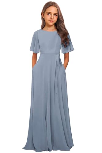 Chiffon Junior Bridesmaid Dresses for Wedding A-Line Short Sleeve Flower Girl Dress with Pockets Party Pageant Gowns2