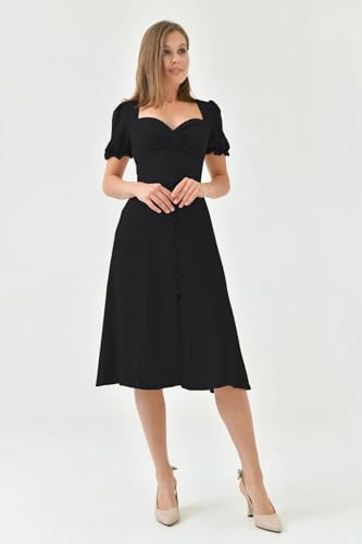 Image of Shasmi Girl's & Women's Solid Midi Dress - Elegant Square Neck Button-Down Dress with Puff Short Sleeves | Stylish Casual & Party & Office Wear Outfit (Dress 105)