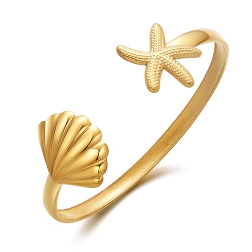 Summer Gold Cuff Bracelets For Women Gold Plated Cuff With Shell And Starfish Charm On Both Ends