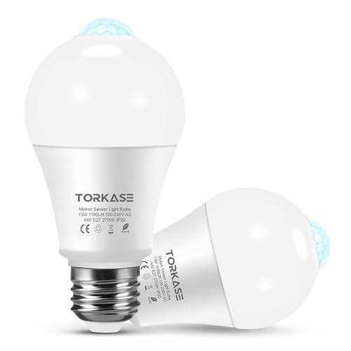 Torkase Ampoule Détecteur de Mouvement E27 13W, 2700K 1100LM Blanc Chaud Ampoule LED E27 Capteur PIR, Auto On/Off Ampoules Led Intérieur Exterieur pour Escalier Jardin Balcon Garage, Lot de 2