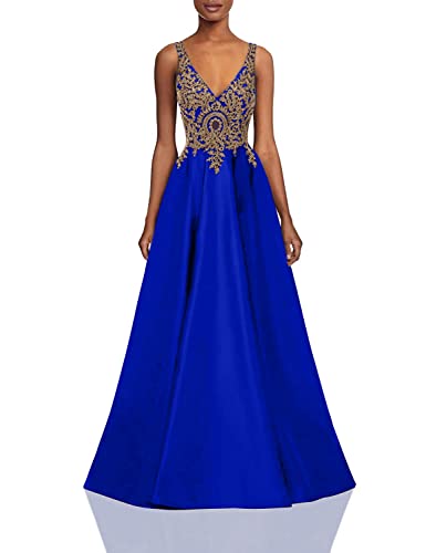 Molisa Appliques Prom Dresses Long V Neck Satin Evening Dress Formal Party Ball Gown with Pockets Royal blue-16