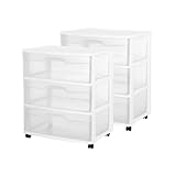 Sterilite 2-Pack 3-Drawer Wide Storage Organizer Cart, Rolling Container w/Wheels, White - Organizing Containers for Bathroom, Closet, Kitchen, and Bedroom