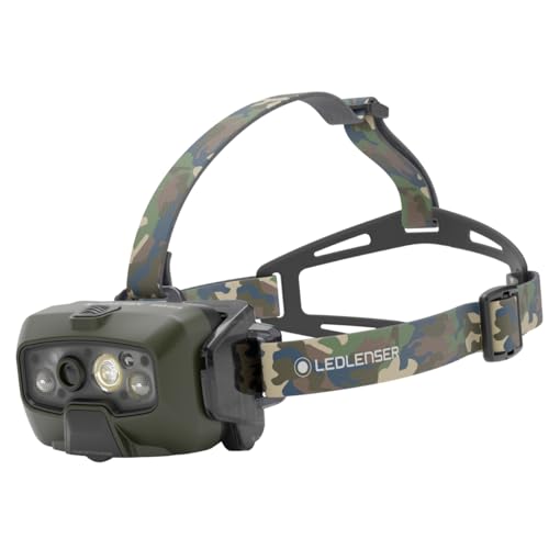 Ledlenser HF8R Core RGB - Linterna de cabeza de pesca recargable, camuflaje, 1600 lm, 8 modos, incluyendo luz LED roja, verde, azul, hasta 90 horas de funcionamiento, enfoque ajustable, impermeable,