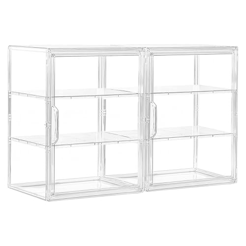 Image of Attelite Acrylic Display Case for Collectibles, Clear Storage Bin with 3 Adjustable Layers, Stackable Storage Box with Magnetic Door for Figures, Home Office,Large,3 Tier Clear Storage Bin,2Pack