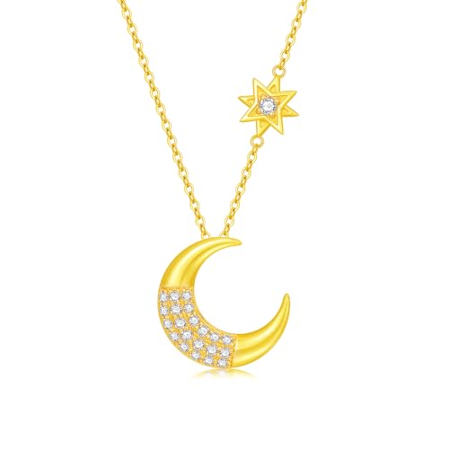 Solid 14K Moon and North Star Necklace for Women, Real Gold Moon Pendant Necklaces with Cubic Zirconia, Mother's Day Birthday Christmas Jewerly Gifts for Mother Grandma, 16