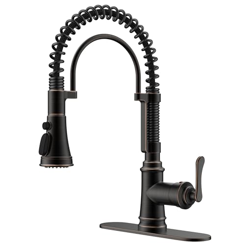 Image of FORIOUS Kitchen Faucet with Pull Down Sprayer, Oil Rubbed Bronze, Stainless Steel Single Handle Spring Antique Kitchen Sink Faucet with Deck Plate, Sutiable for Farmhouse, RV, Camper, Wet Bar