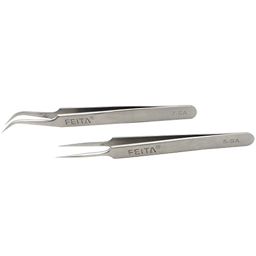 FEITA Precision Tweezers - Professional Stainless Steel Straight & Curved Pointed Very Fine Tips Tweezer Set for Eyelash Extension, Lash Extensions, Hair Plucking (Silver 2Pcs)
