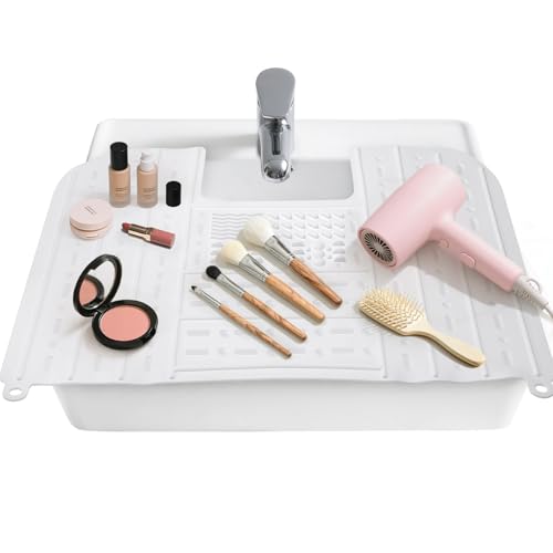 Johamoo Bathroom Sink Cover for Counter Space Foldable Silicone Makeup Mat with Steel Frame Core for Hot Tools & Studio Hair Styling Brush Cleaning Surface Beauty Gift for Women & Dorm White