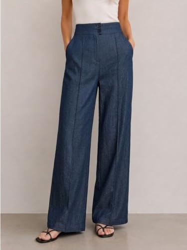 Image of Women's High Waist Wide Leg Trousers | High Rise Button Closure Palazzo Pants | Comfortable Casual Formal Office Wear Trousers | Stylish Bottom Wear for Women