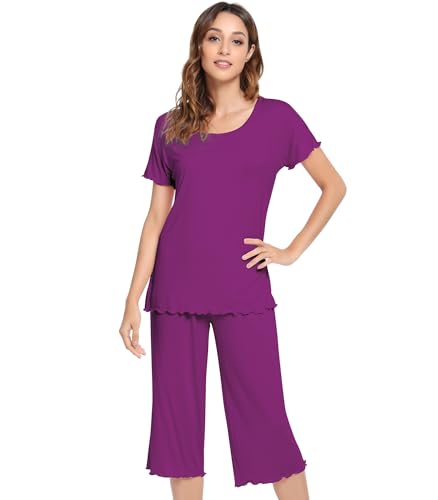 Image of NACHILA Women's Bamboo Viscose Pajama Sets Summer Cooling Short Sleeve Capri Soft Pjs Night Sweats Moisture Wicking Sleepwear