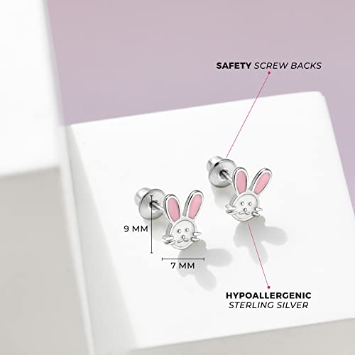 925 Sterling Silver Pink & White Enamel Bunny Screw Back Earrings, Bunny Rabbit Earrings for Young Girls & Preteens- Animal Enamel Studs for Children's Daily Wear, Rabbit4