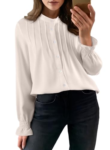 Astylish Women's Casual Blouses Button-Down Business Work Tops Long Sleeve Mandarin Neck Pleated Shirts 2025 Fall Outfits