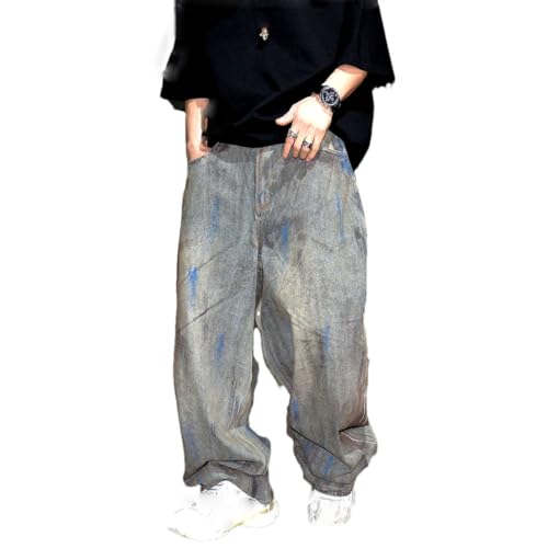 Men’S Trendy High Street Baggy Cargo Skateboard Pants Button Fly Distressed Hip Hop Streetwear Full Length Jeans