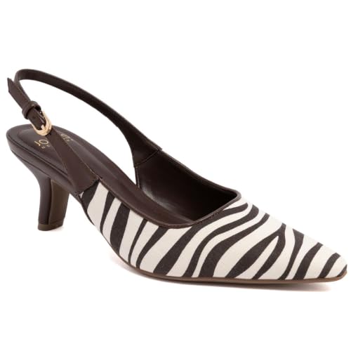 Jones New York Women's Pointed Toe Woven Dress Pumps Adjustable Ankle Strap – Kitten Heel Slingbacks-Rainy, Brown Multi Zebra, Size 7.5