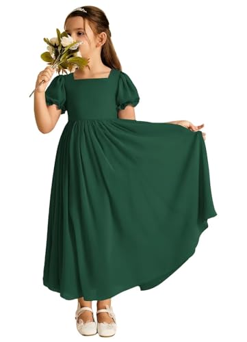 JISISANG Dresses for Girls Long Chiffon Flower Girl Dress Bridesmaid for Wedding with Sleeve Fromal Kid Dress for Teens