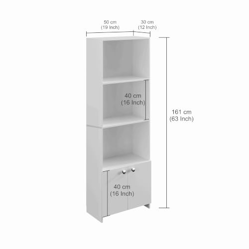 Image of FURNEASER Regal Tall Wooden Bookshelf with 2-Door Cabinet & 3 Open Shelves | Modern Multipurpose Bookcase for Living Room, Bedroom & Office | Engineered Wood, 161 x 50 x 30 cm (White)
