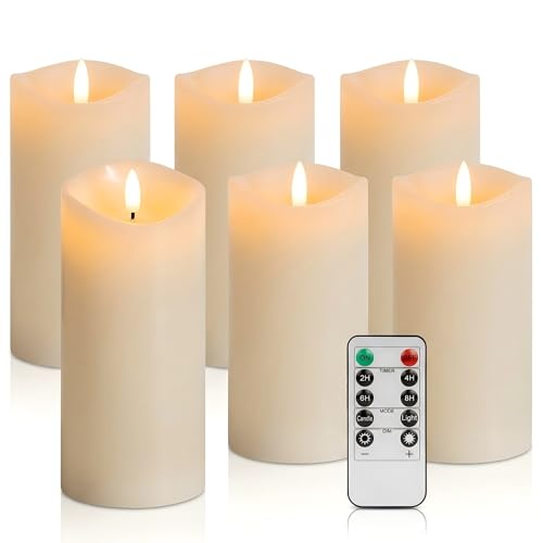 Image of 3 x 6 Inch Flameless Candles with Remote Set of 6 for Wedding Decor | 3 Inch Diameter, 6 Inch Height, Ivory Real Wax, Warm Flicker, Remote Timer, 2 AA Each