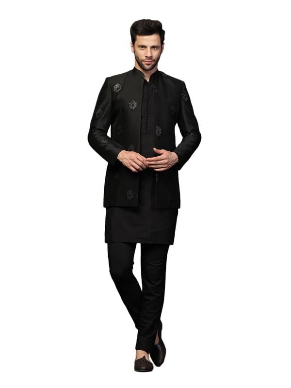Kisah Men's Mid Kurta Jodhpuri Bandhgala-Blazer Trouser Set, Black Cotton Blend, Embellished Regular Fit Mandarin Collar Long Sleeves (42)