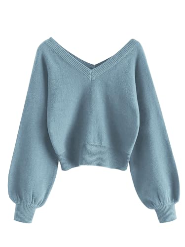 Image of ZAFUL Women's Cropped Sweater V-Neck Long Sleeve Pullover Jumper Knit Top | Crop Length, Ribbed Knit, Double V design, White sweater, Raglan sleeves, lantern sleeve, Fall & Winter, Loose fit, Oversized