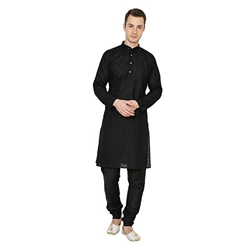Image of Royal Kurta Men's Lucknowi Chikan Embroidered 100% Cotton Comfortable Kurta Churidar Pyjama Set