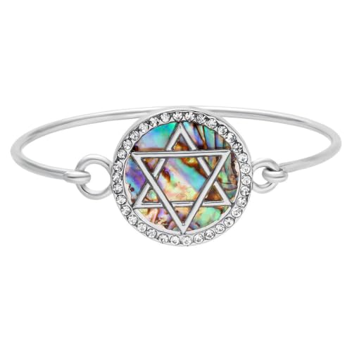 Image of Jewish Charm Star of David Abalone Shell Wire Openable Crystal Bangle Bracelet