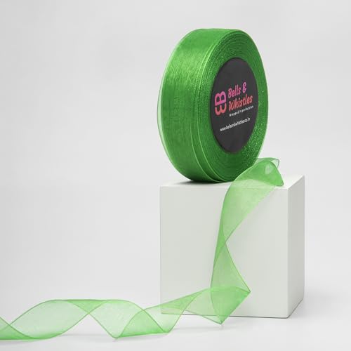 Image of Bells&Whistles Sheer Organza Ribbon | Pack of 2 | Length: 50 Yards Width: 1 inch | Christmas, Festive Decoration. (Kelly Green)